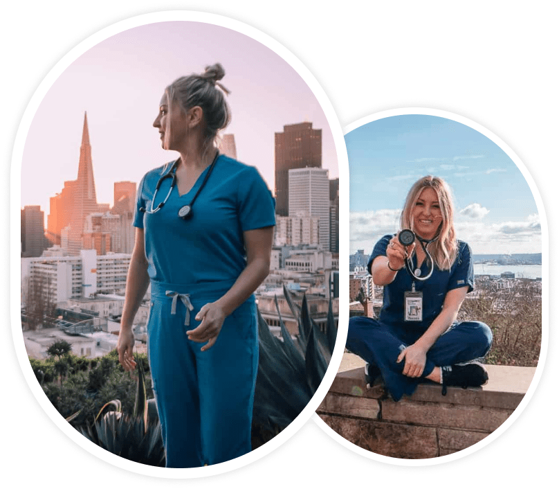 Two photos of a woman in scrubs and one is sitting on the ground